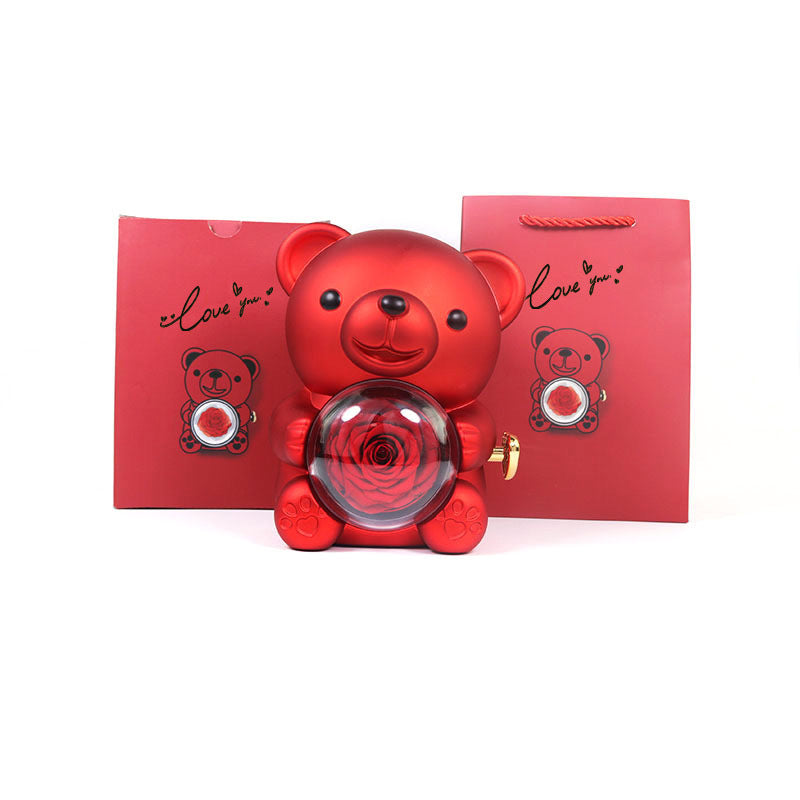Flag Village Eternal Rose Teddy Bear Gifts Box With Necklace Rotate Rose Jewelry Box Valentine Wedding Storage Gift Case For Women Girlfriend