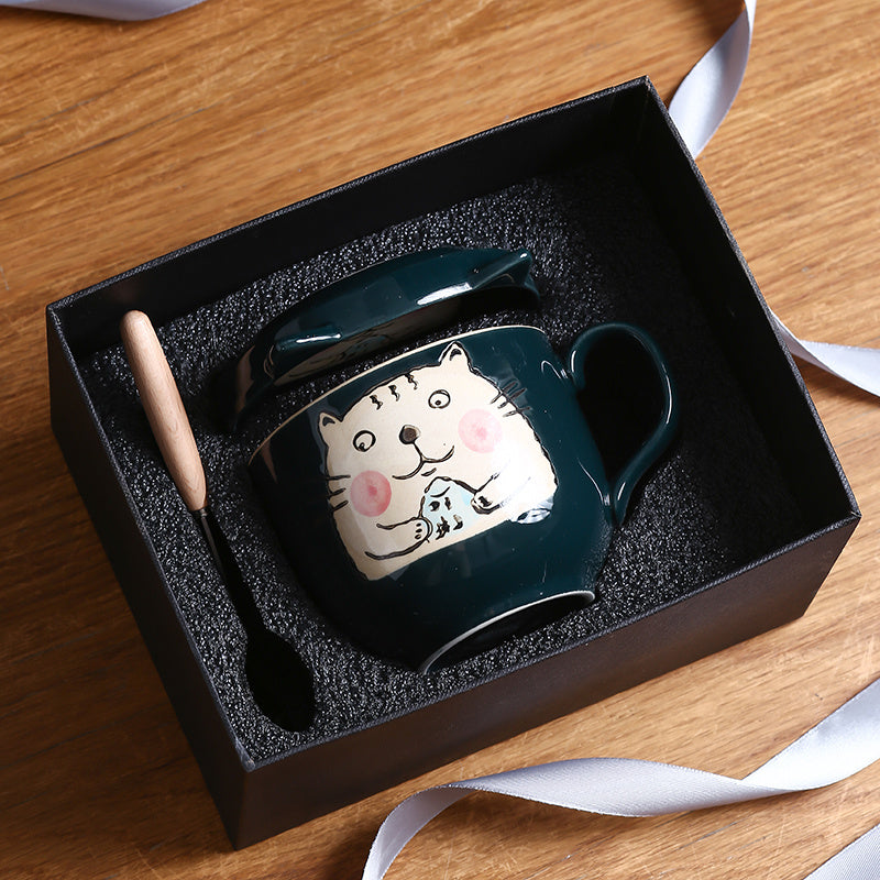 Flag Village Ceramic Cup With Lid Large Capacity, Spoon Set Gift Box