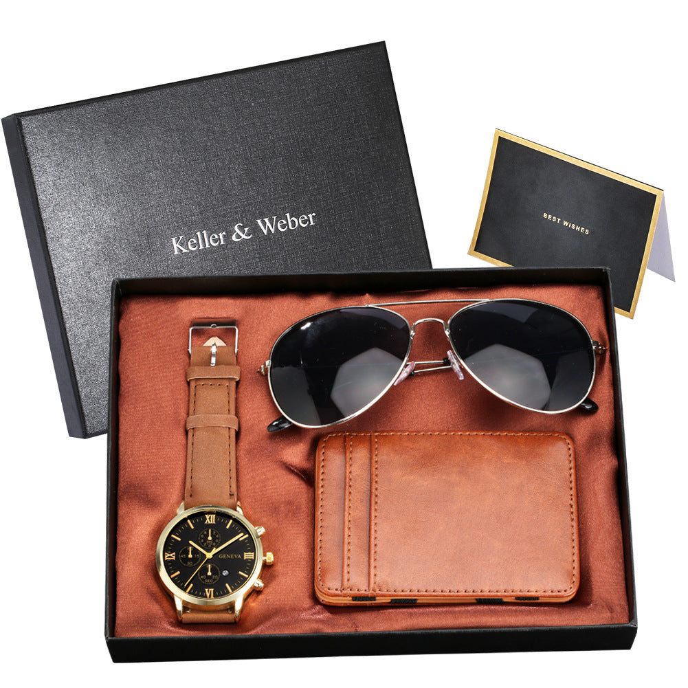Flag Village New Men's Quartz Watch Set Glasses Wallet Gift Set Box