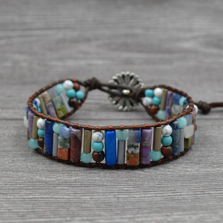 Flag Village Chakra Bracelet Jewelry Handmade Multi Color Natural Stone Tube Beads Leather Wrap Bracelet Couples Bracelets Creative Gifts