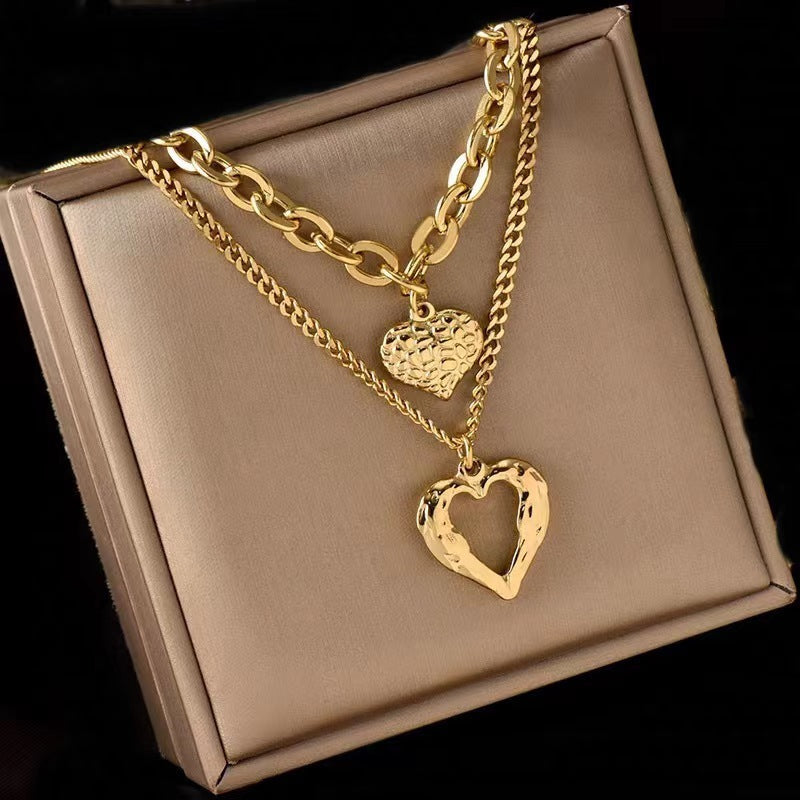 Flag Village Titanium Steel Angel Wings Love Necklace Irregular Folds 2 Heart Love Necklace For Women Charm Party Accessories High-quality Fashion Jewelry Pendant Gifts