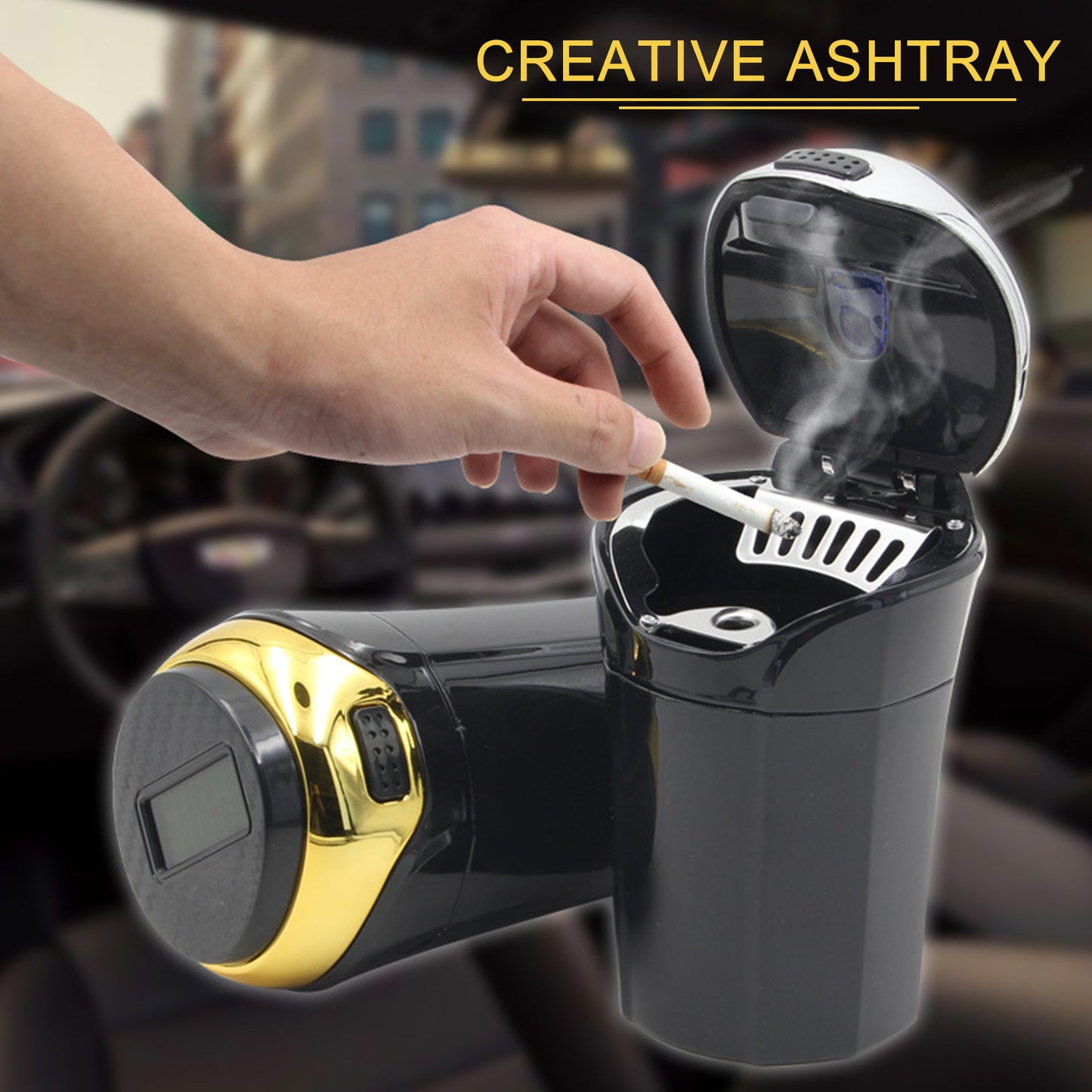 Flag Village Auto Tools Portable Solar Rechargeable Car Ashtray Detachable Car Ashtray With Led Light Windproof Outdoor Travel Home Use
