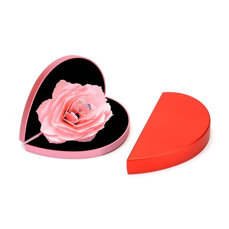 Flag Village 3D Love Box Heart-shaped Rose Flower Rotating Ring Box Valentines Day Gift