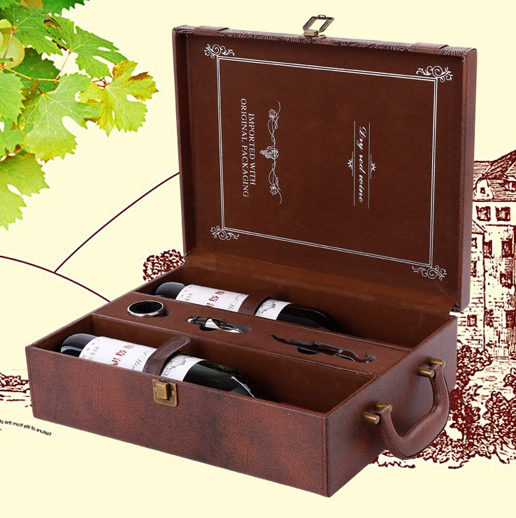 Flag Village Creative Wine Box Leather Gift Box Handmade Home Kitchen Bar Accessories Decor Lafite Wine Holder Wine Packaging Box Friend Gift