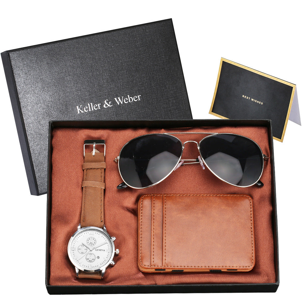 Flag Village New Men's Quartz Watch Set Glasses Wallet Gift Set Box