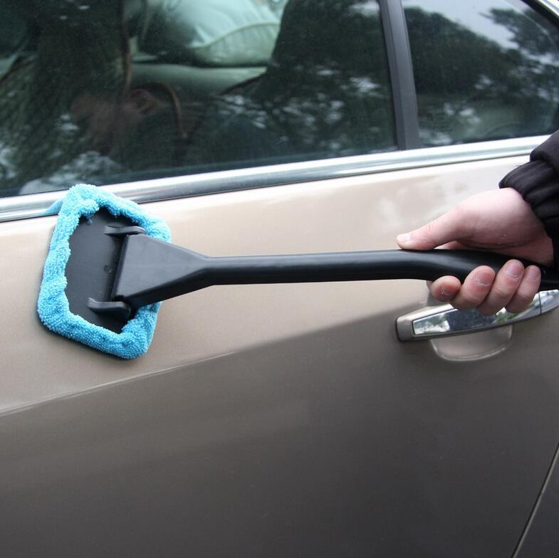 Flag Village Auto Tools microfiber car window cleaner with brush long handle car washer, windshield wiper, glass cleaning brush washable cloth fabric practice tool