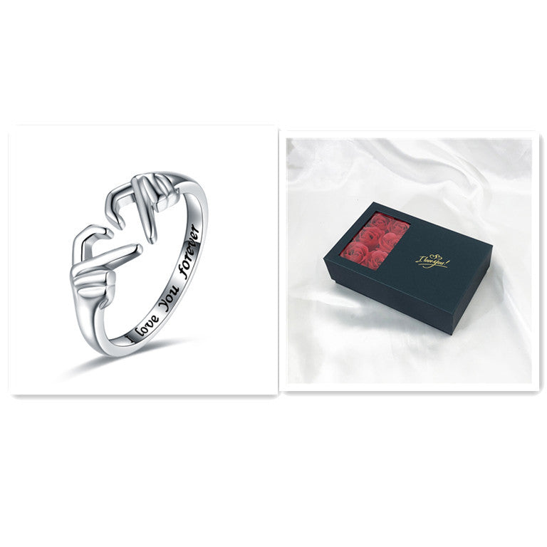 Flag Village Romantic Heart Hand Hug Fashion Ring For Women Couple Jewelry Silver Color Punk Gesture Wedding Men Finger Accessories Gifts