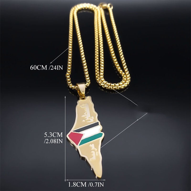 Flag Village Palestine Israel Map Pendant Necklaces For Men Women Stainless Steel Gold Color Palestinians Ethnic Map Jewelry Gifts