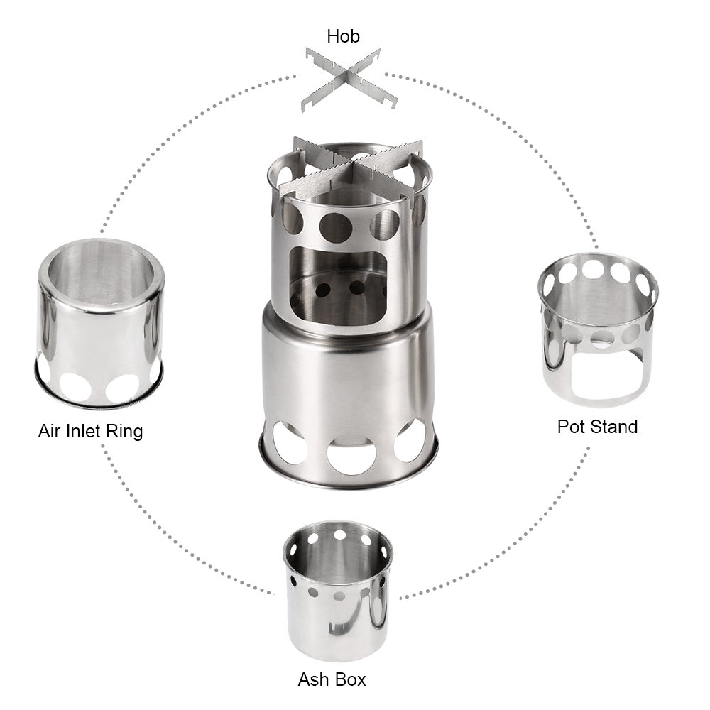 Flag Village Portable Camping Stove Combo Wood Burning Stainless Steel Stove And Cooking Pot Set For Outdoor Backpacking Fishing Hiking