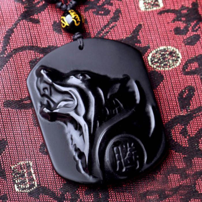 Flag Village New Obsidian Carving Wolf Head Amulet Pendant Necklace Blessing Lucky Men Necklaces Jewelry Gifts