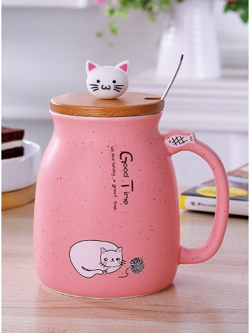 Flag Village 450ml Cartoon Ceramics Cat Mug With Lid and Spoon Coffee Milk Tea Mugs Breakfast Cup Drinkware Novelty Gifts