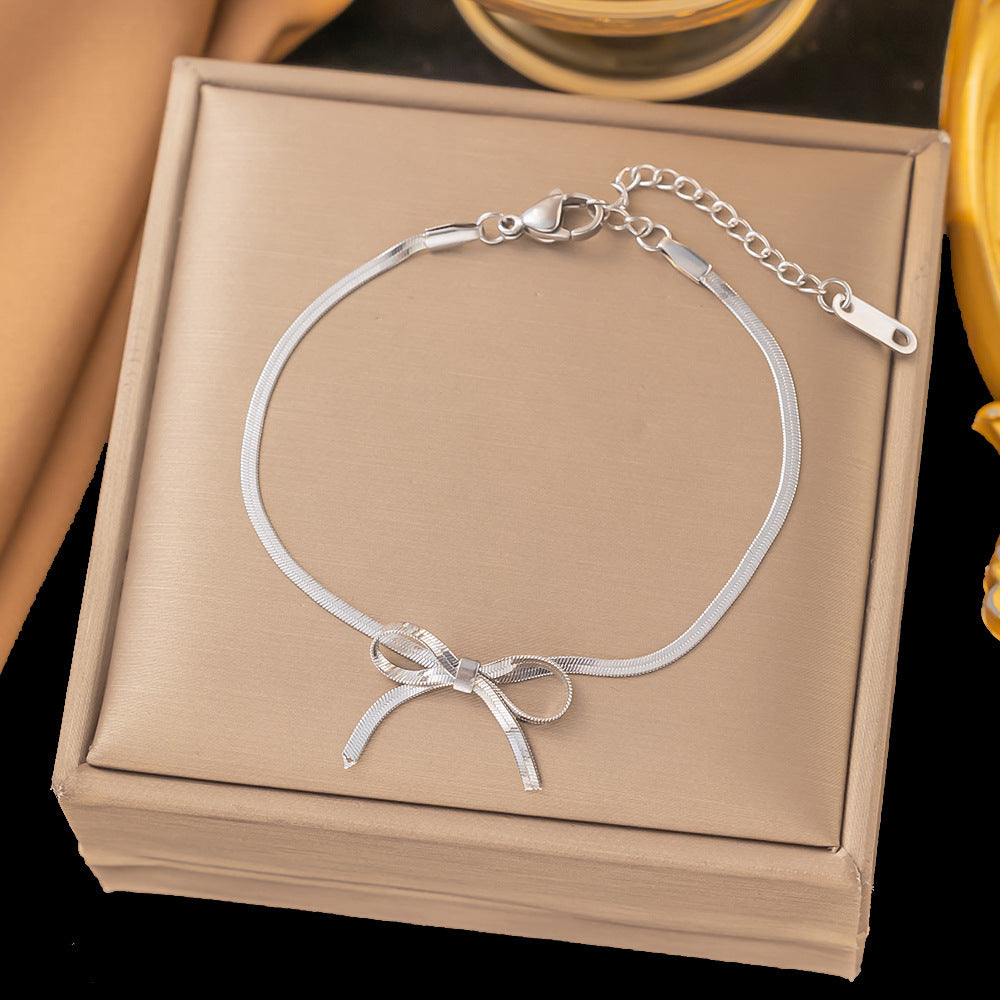 Flag Village Fashion Jewelry New Trendy Bowknot Stainless Steel Gold Plated Snake Chain Necklace For Women Elegant Niche Design Charms Choker Jewelry Gifts
