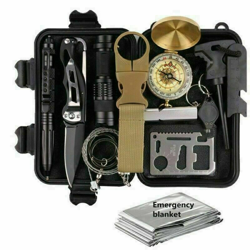 Flag Village 14-In-1 Outdoor Emergency Survival Kit Camping Hiking Tactical Gear Case Set Box