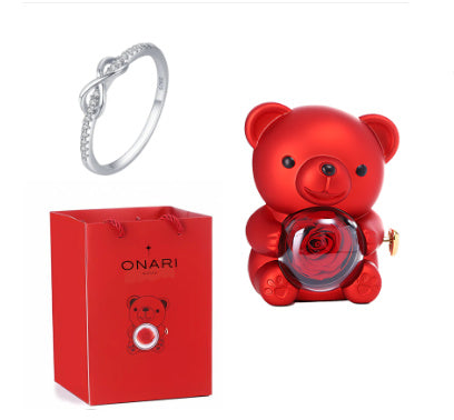 Flag Village Eternal Rose Teddy Bear Gifts Box With Necklace Rotate Rose Jewelry Box Valentine Wedding Storage Gift Case For Women Girlfriend