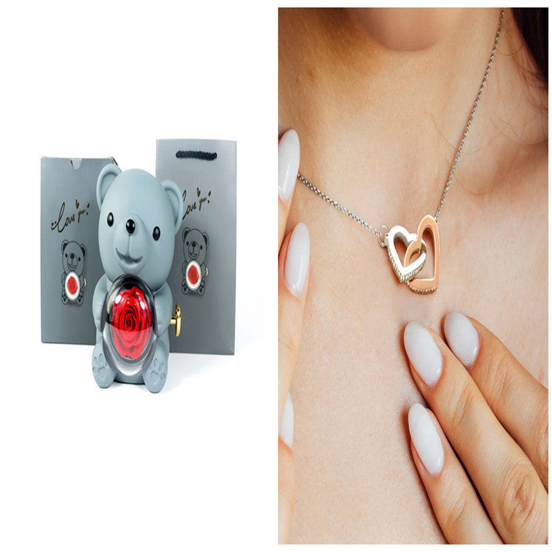 Flag Village Eternal Rose Teddy Bear Gifts Box With Necklace Rotate Rose Jewelry Box Valentine Wedding Storage Gift Case For Women Girlfriend