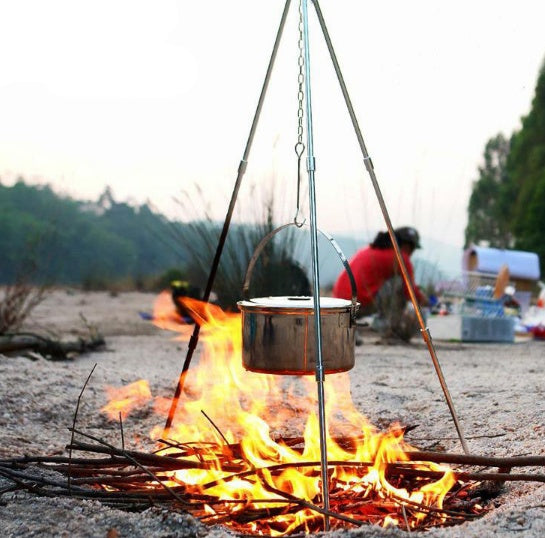 Flag Village Compatible with Apple, Camping outdoor campfire tripod hanging pot picnic fire bracket aluminum alloy tripod camping supplies