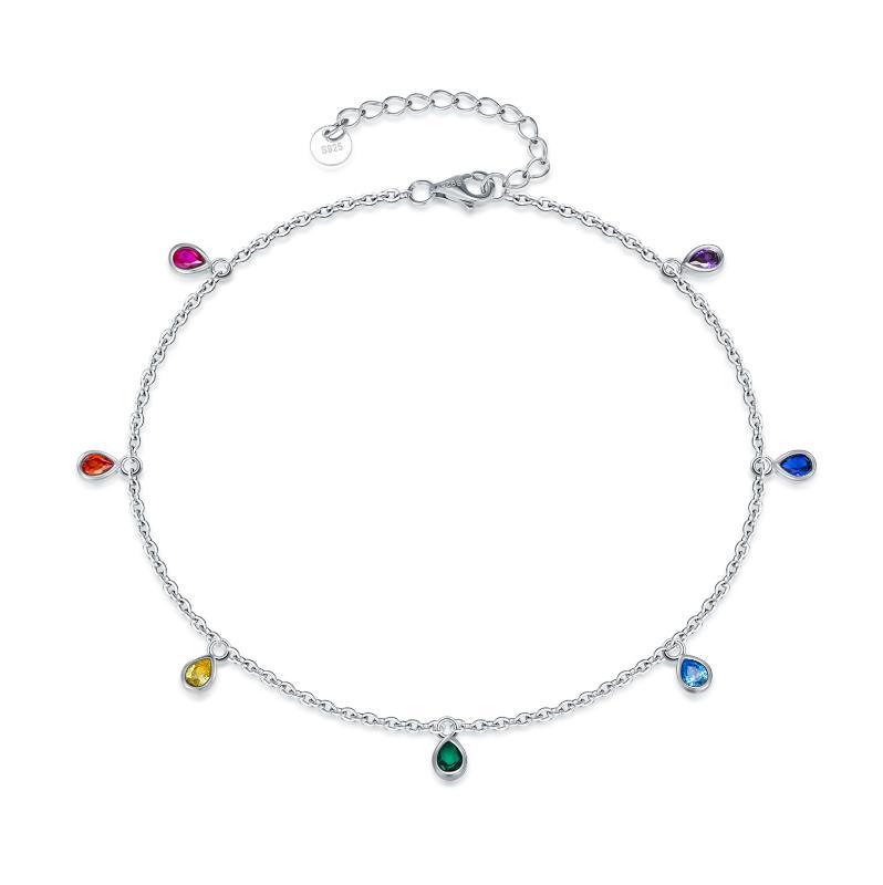 Flag Village Anklets for Women Sterling Silver Multi Color Oval Rainbow Anklet Bracelets Fashion Jewelry Gifts for Women Teen Girls Friend Birthday