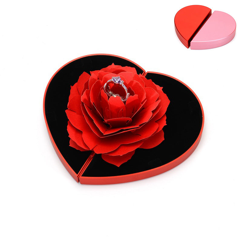Flag Village 3D Love Box Heart-shaped Rose Flower Rotating Ring Box Valentines Day Gift