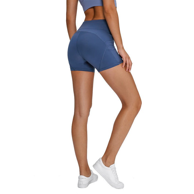 Flag Village SHINBENE Anti-sweat Plain Sport Athletic Shorts Women High Waisted Soft Cotton Feel Fitness Yoga Shorts with Two Side Pocket