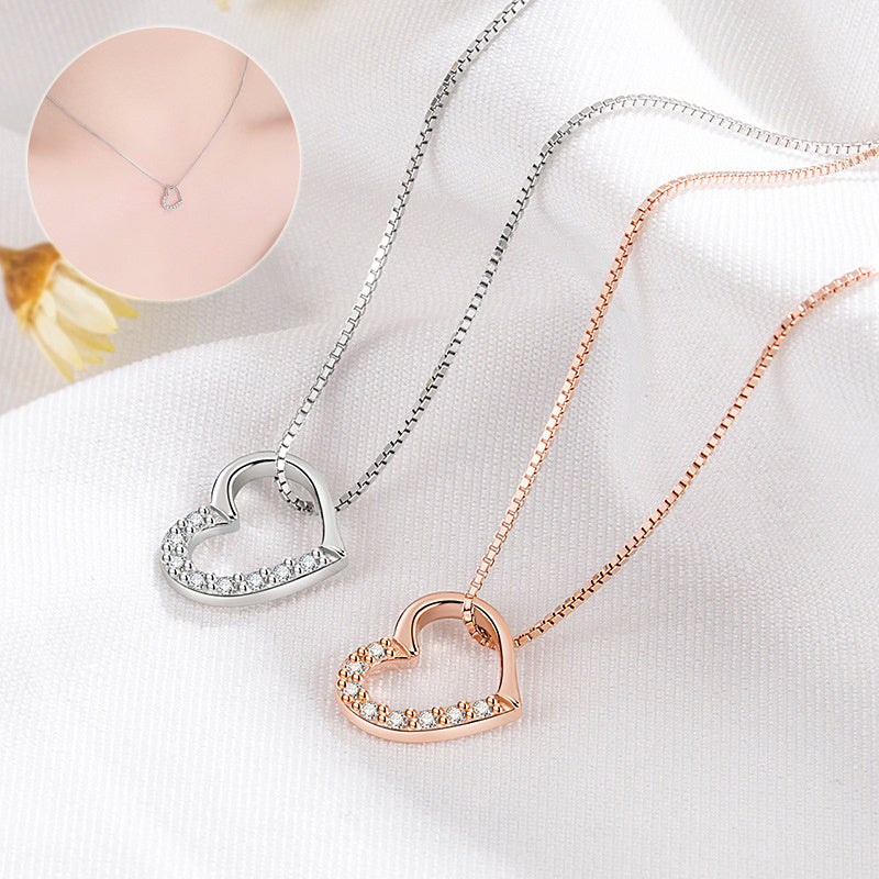 Flag Village S925 Sterling Silver Love Heart Pendant Necklace For Women Fashion Jewelry Ladies Gold Color Clavicle Chain High Quality Jewelry Gifts