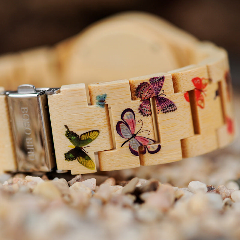 Flag Village BOBO BIRD O20 Butterfly Print Women Watches All Bamboo Made Quartz Wristwatch for Ladies in Wooden Gift Box