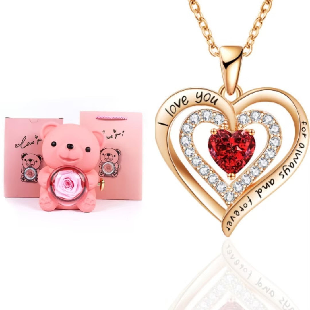Flag Village Eternal Rose Teddy Bear Gifts Box With Necklace Rotate Rose Jewelry Box Valentine Wedding Storage Gift Case For Women Girlfriend