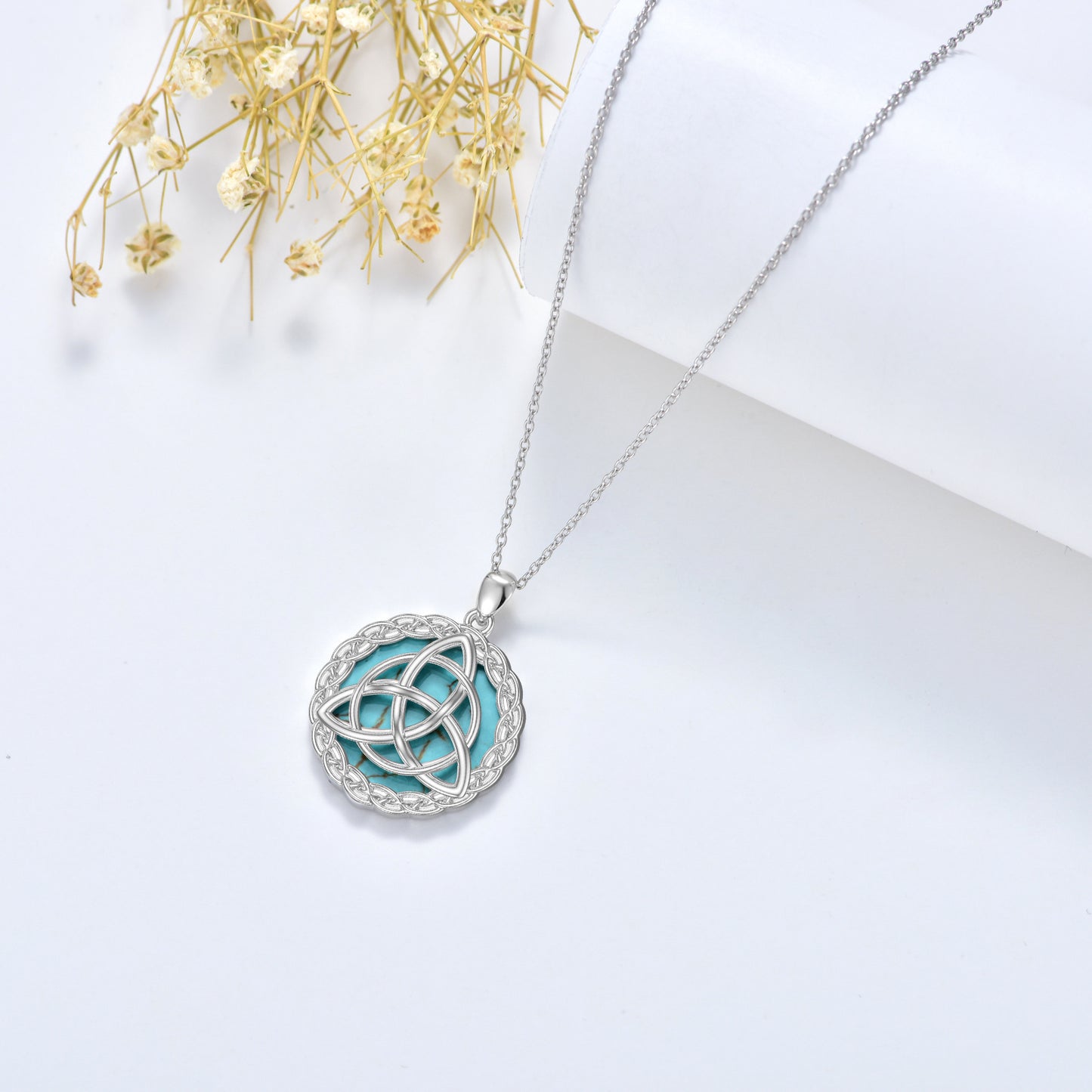 Flag Village Celtic Necklace 925 Sterling Silver with Genuine Turquoise Trinity Knot Pendant Good Luck Irish Jewelry Gifts for Women