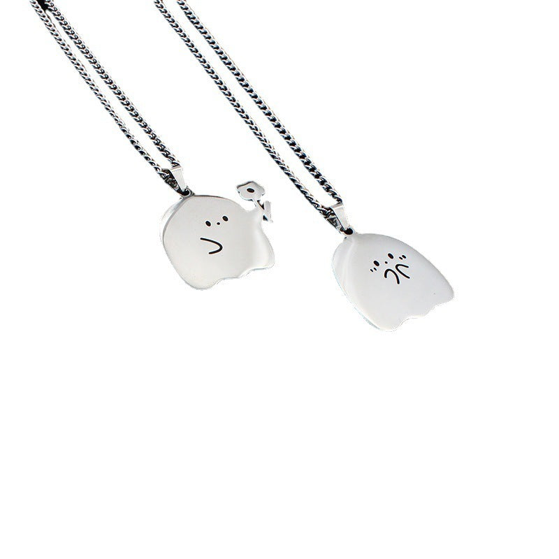 Flag Village Stainless Steel Cute Ghost Couple Necklace Kawaii Animal Cat Pendant Necklace Lovers Friendship Jewelry Gifts