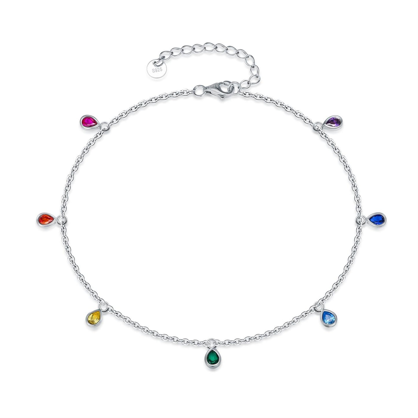Flag Village Anklets for Women Sterling Silver Multi Color Oval Rainbow Anklet Bracelets Fashion Jewelry Gifts for Women Teen Girls Friend Birthday