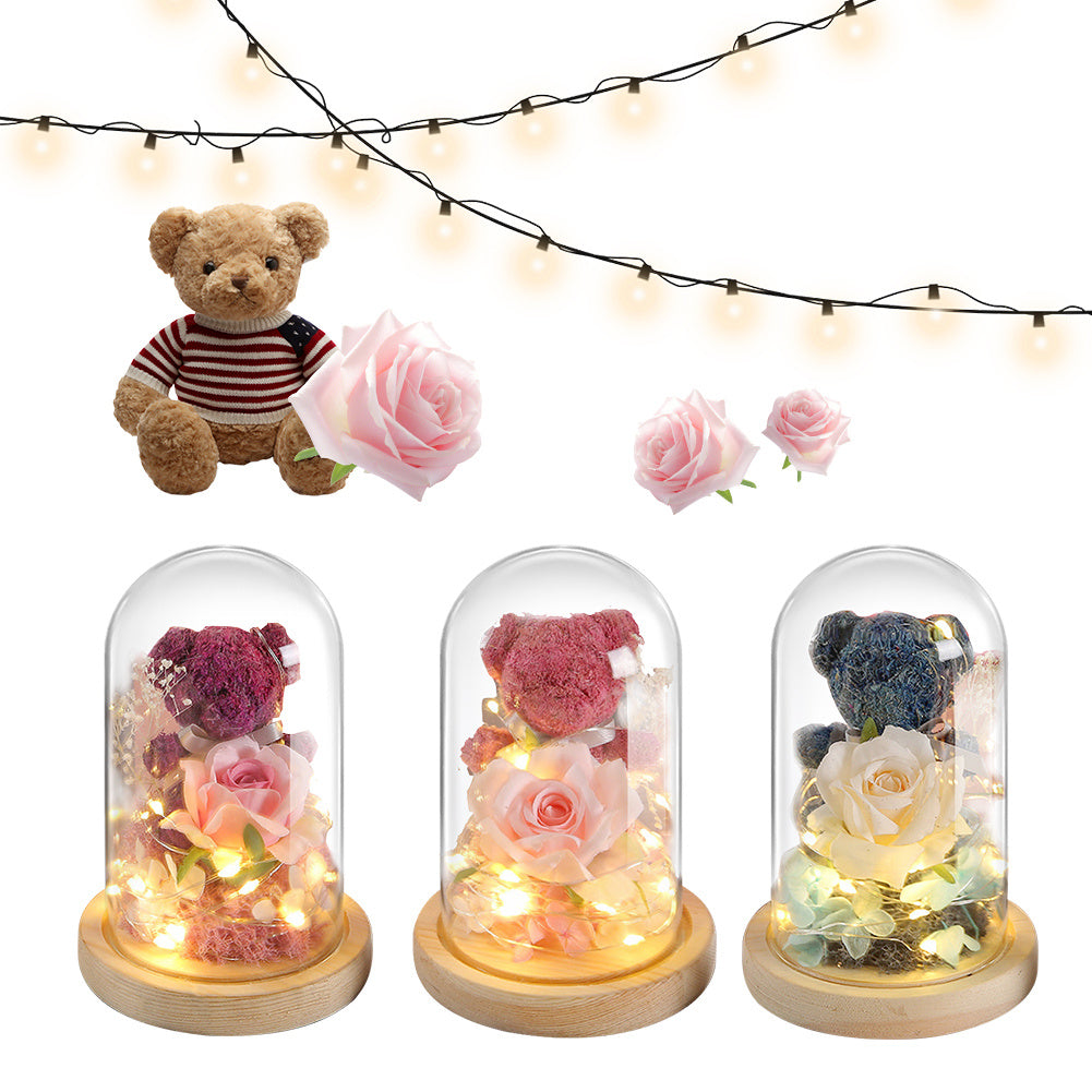 Flag Village Valentine's Day Gift For Girlfriend Eternal Preserved Rose Flower Gift Box Teddy Bear Eternal Flower With Lights Gift For Women Home Decor