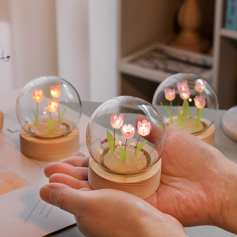 Flag Village Artificial Tulip Flower Night Light Ornaments Handmade DIY Bedside Lamp LED Night Lamp Bedroom Decor Birthday Gifts Table Lamp