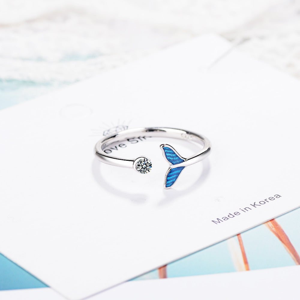 Flag Village Trendy Silver Color Blue Mermaid Tail Cuff Ring with Cubic Zirco Sea Whale Fish Tail Bague Rings Romantic Gifts