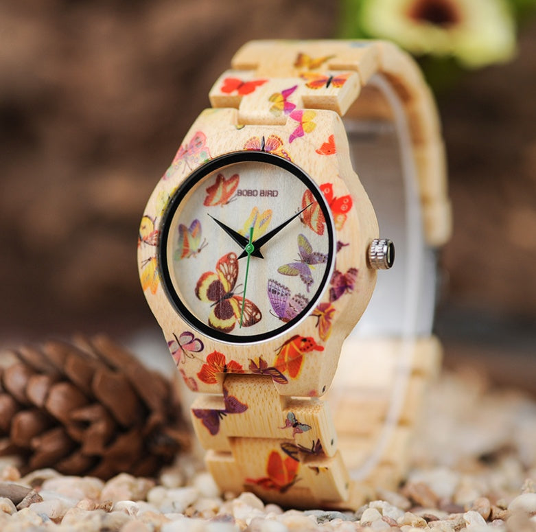Flag Village BOBO BIRD O20 Butterfly Print Women Watches All Bamboo Made Quartz Wristwatch for Ladies in Wooden Gift Box
