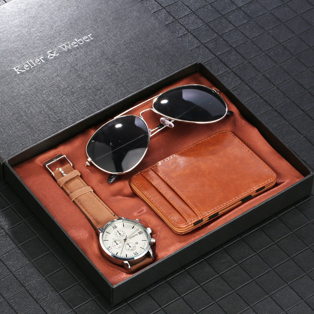 Flag Village New Men's Quartz Watch Set Glasses Wallet Gift Set Box