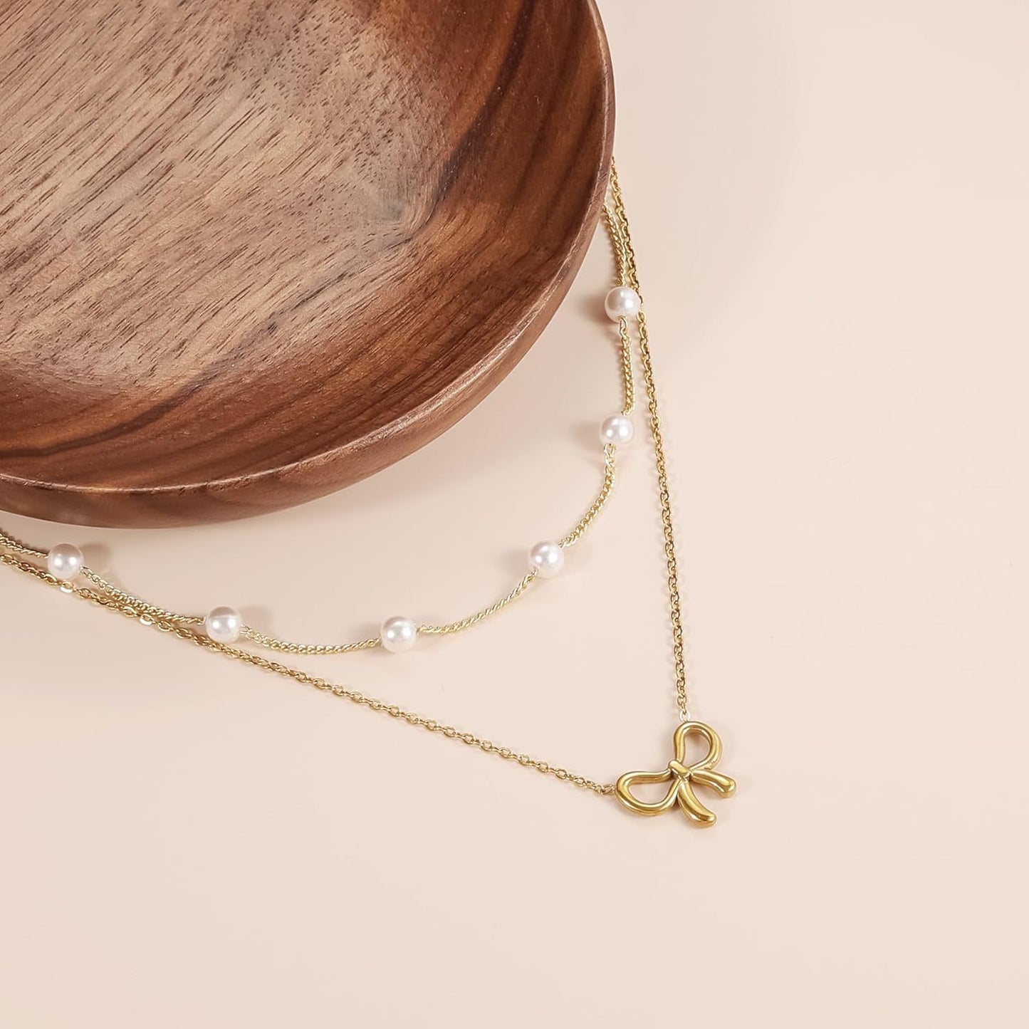 Flag Village Simple Pearl Double Layer Choker Fashion Gold Color Necklaces Chain Small Bow Pendant Necklace Jewelry Gifts For Women Fashion Jewelry Valentine's Day Gifts