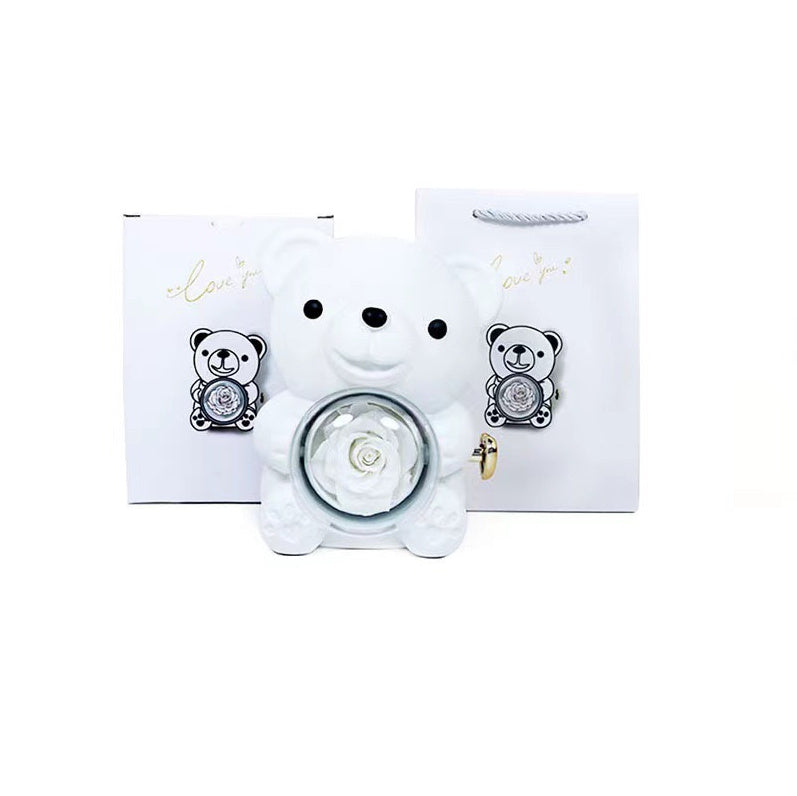 Flag Village Eternal Rose Teddy Bear Gifts Box With Necklace Rotate Rose Jewelry Box Valentine Wedding Storage Gift Case For Women Girlfriend