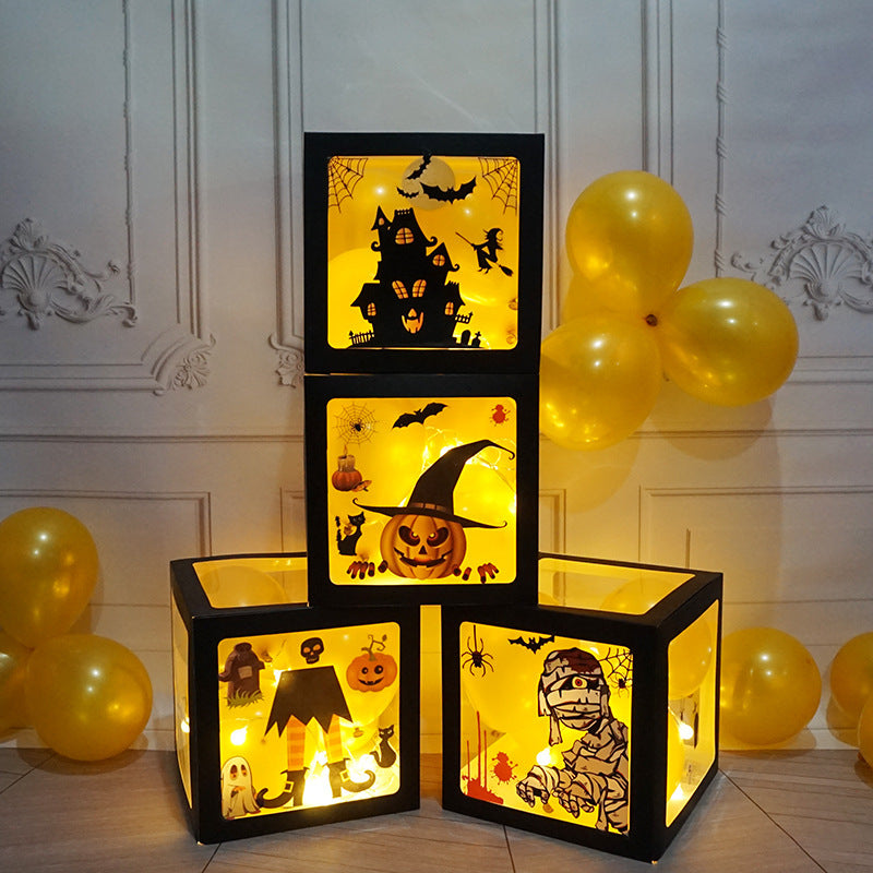 Flag Village Halloween Balloon Boxes Black Transparent Box Block With Ghost Pumpkin Horror Sticker Gift For Halloween Party Decor Supply
