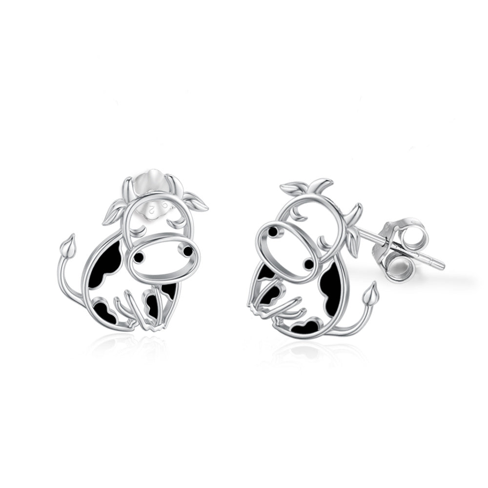 Flag Village Cow Earrings 925 Sterling Silver Cow Stud Earrings for Women Cow Gifts for Birthday