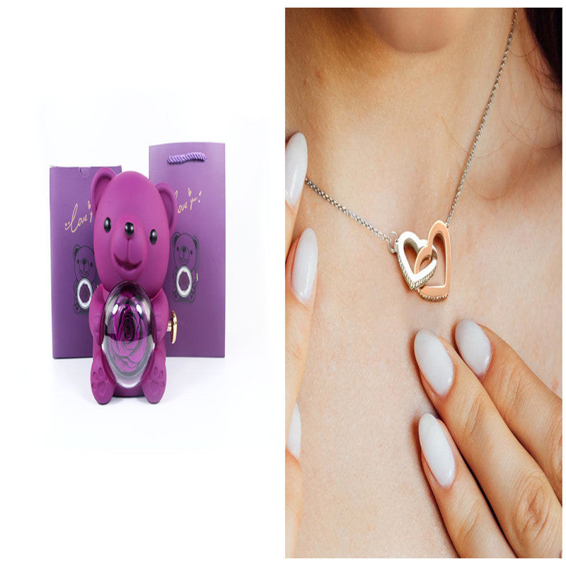 Flag Village Eternal Rose Teddy Bear Gifts Box With Necklace Rotate Rose Jewelry Box Valentine Wedding Storage Gift Case For Women Girlfriend