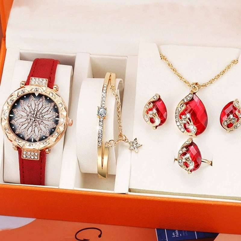 Flag Village Women's Suit Gift 5-piece Set Watch Bracelet Ring Necklace Earrings Combination Gift Box