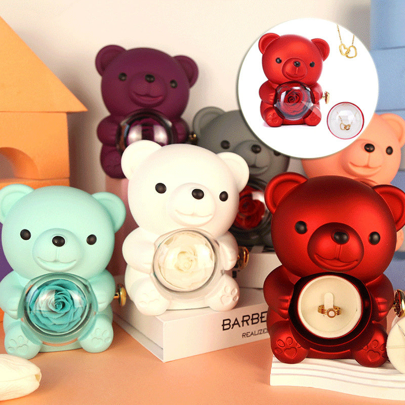 Flag Village Eternal Rose Teddy Bear Gifts Box With Necklace Rotate Rose Jewelry Box Valentine Wedding Storage Gift Case For Women Girlfriend
