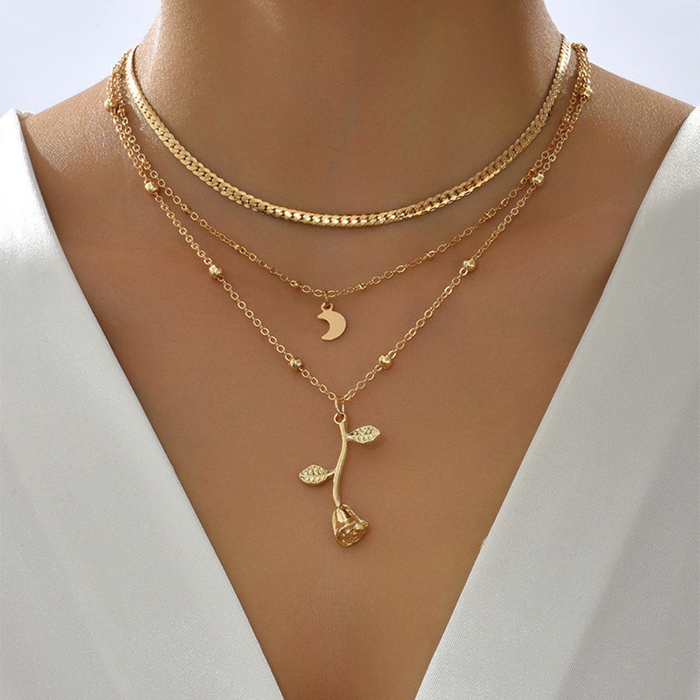 Flag Village Bohemia Multilayer Moon Gold Color Pendant Necklaces For Women Rose Flower Choker Necklace 2025 Fashion Jewelry Party Gift Valentine's Day Gifts