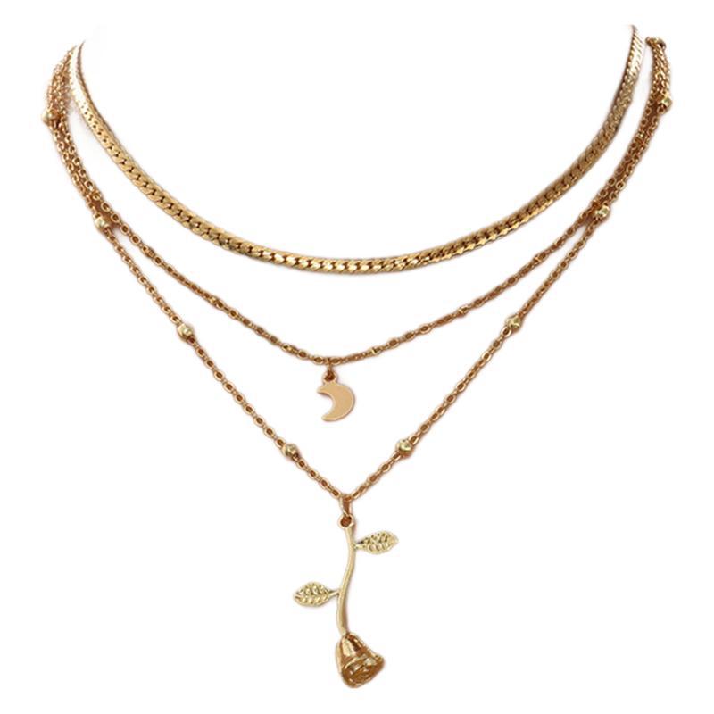 Flag Village Bohemia Multilayer Moon Gold Color Pendant Necklaces For Women Rose Flower Choker Necklace 2025 Fashion Jewelry Party Gift Valentine's Day Gifts