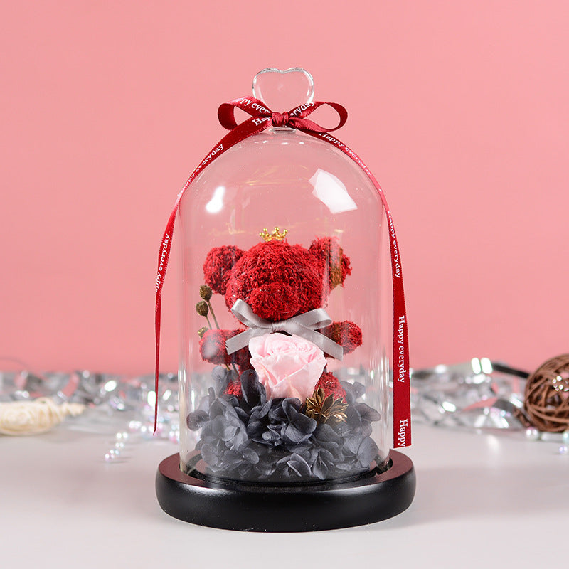 Flag Village Florist Gift Box Flowers Eternal Flower Glass Cover Bear Rose