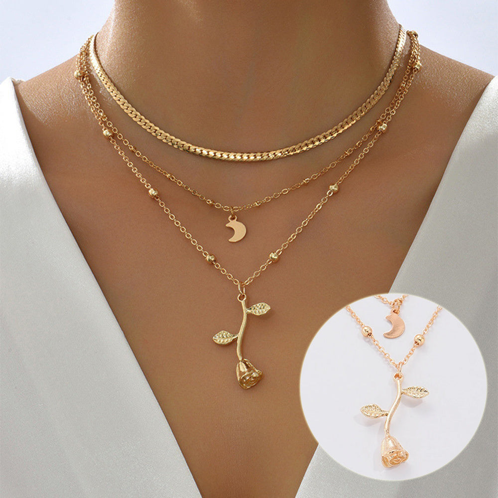 Flag Village Bohemia Multilayer Moon Gold Color Pendant Necklaces For Women Rose Flower Choker Necklace 2025 Fashion Jewelry Party Gift Valentine's Day Gifts