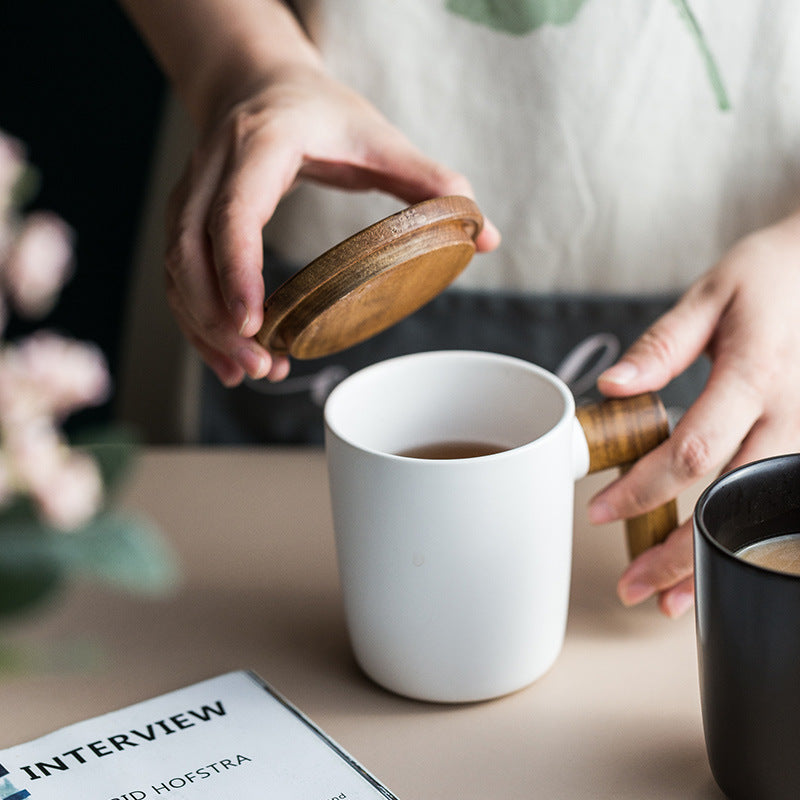 Flag Village Creative Office Nordic Mug Wooden Handle With Lid Couple Water Cup Gift Box Set Retro Ceramic Mug