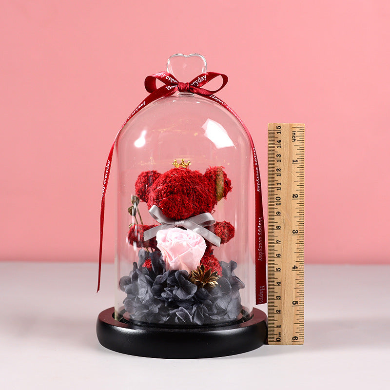 Flag Village Florist Gift Box Flowers Eternal Flower Glass Cover Bear Rose
