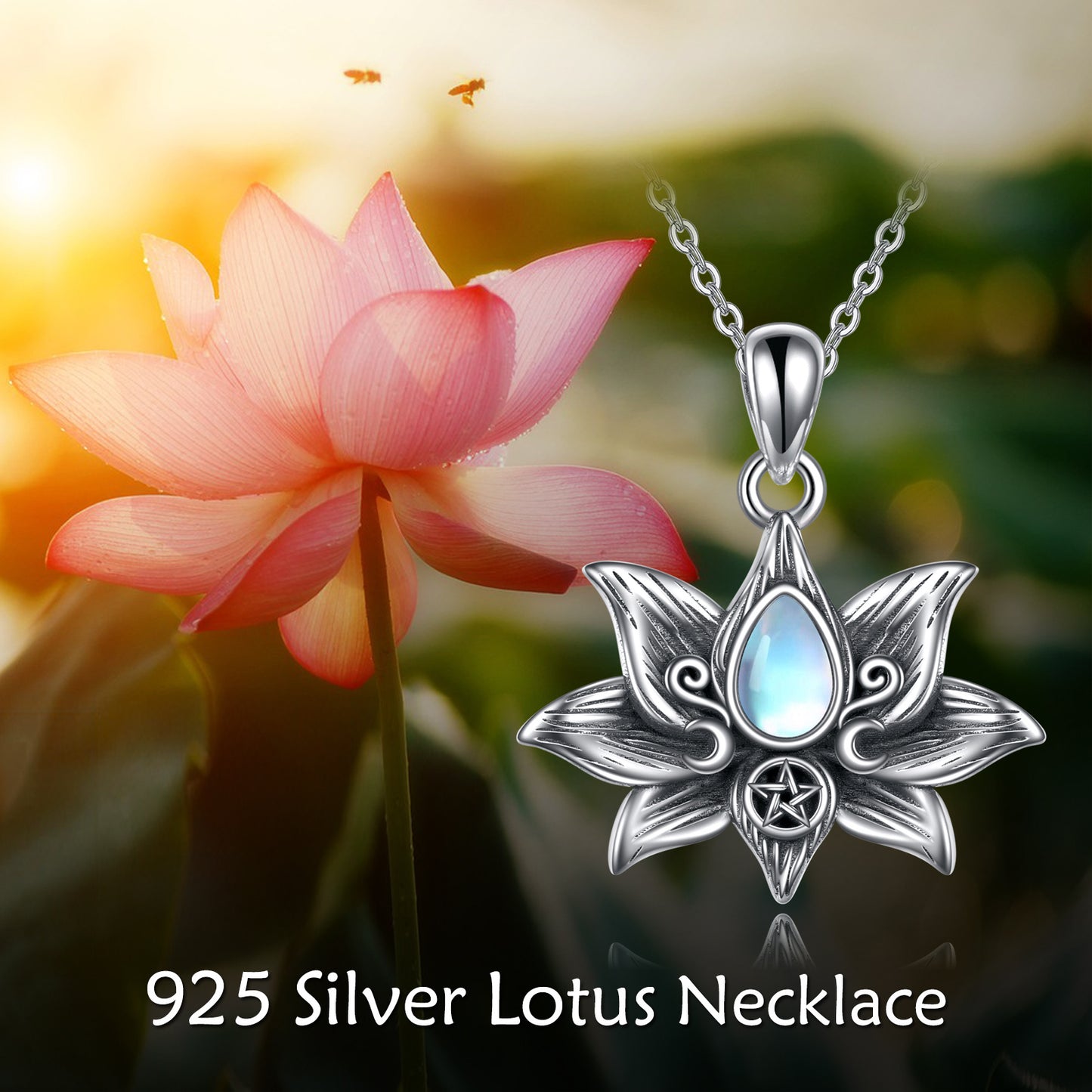 Flag Village Sterling Silver Moonstone Lotus Flower Pendant Necklace Jewelry Gifts for Women