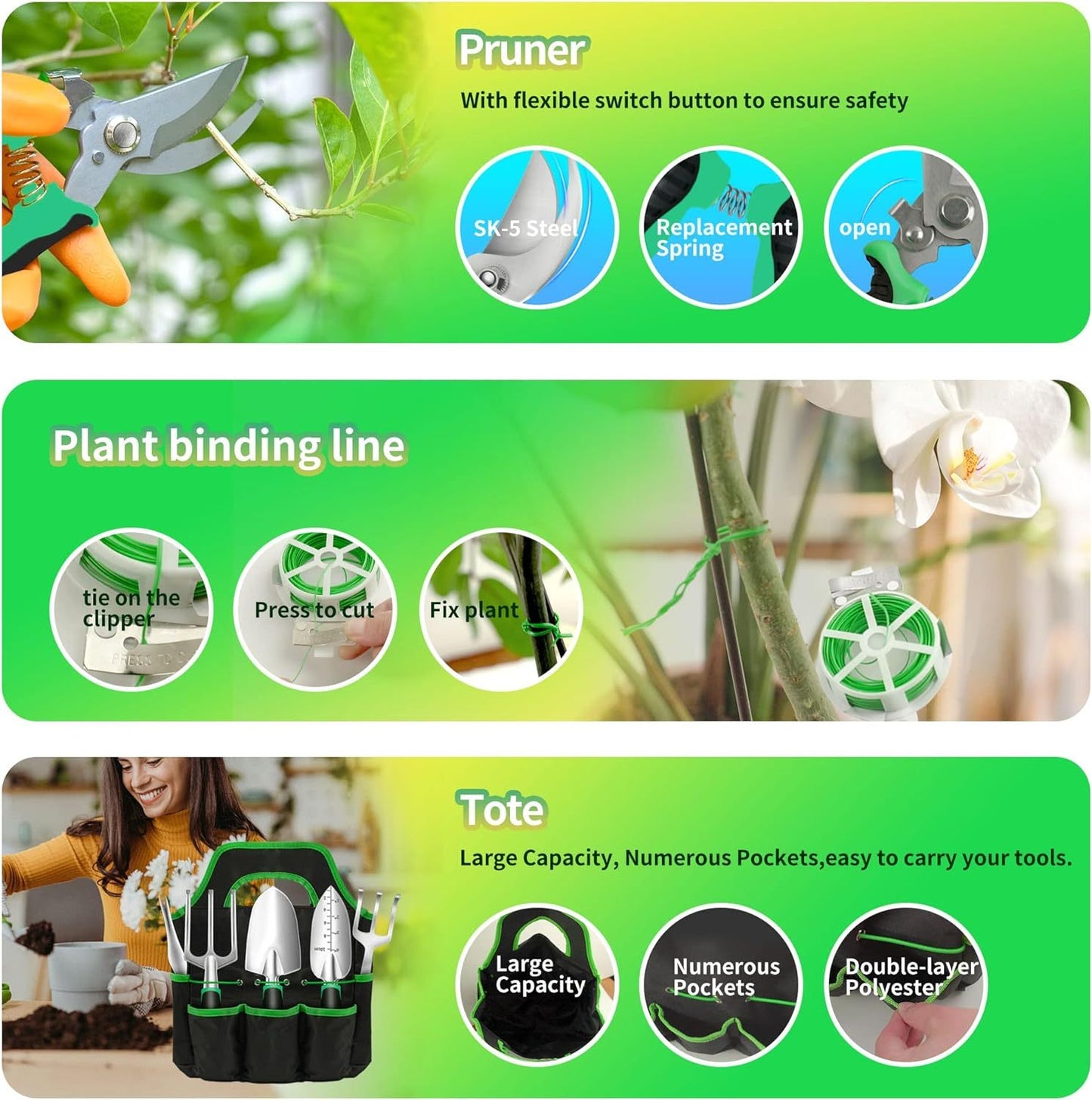 Flag Village Heavy Duty Garden Tools 9Pieces Set - Rust Proof, Ergonomic Gardening Hand Tools Garden Gifts For Mom And Dad