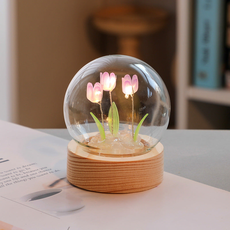 Flag Village Artificial Tulip Flower Night Light Ornaments Handmade DIY Bedside Lamp LED Night Lamp Bedroom Decor Birthday Gifts Table Lamp